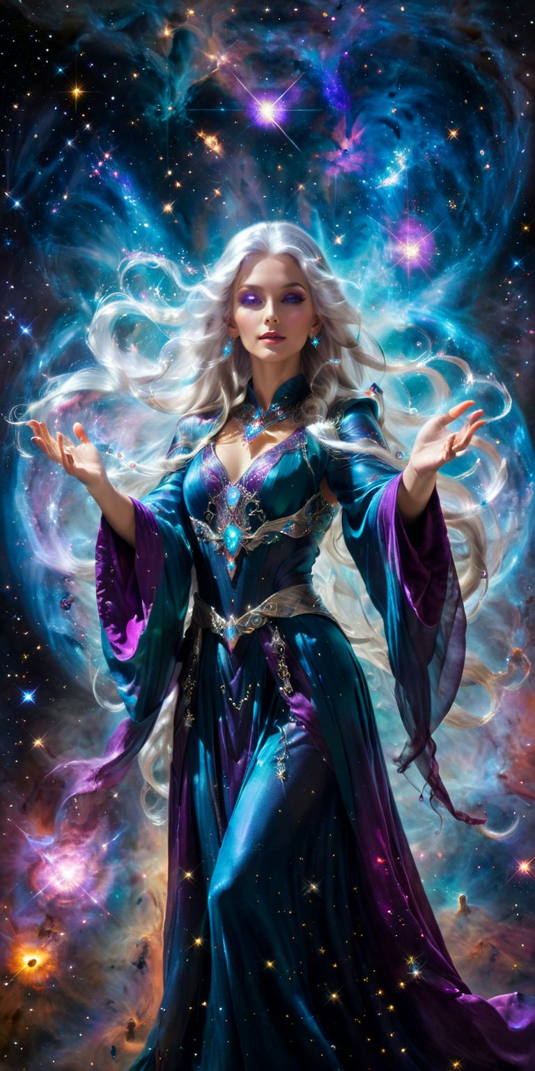 Stellar Sorceress A mesmerizing woman with long, silver hair, dressed in a flowing, ethereal robe that glows with the colors of the universe. She hovers in space, surrounded by swirling galaxies and planets, with her hands outstretched, manipulating cosmic energy.
