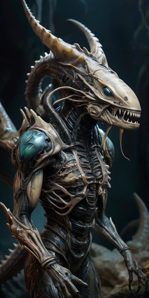 In the vast emptiness of space,  a dreadful hybrid of alien and monster drifts ominously. Its body is grotesquely elongate...