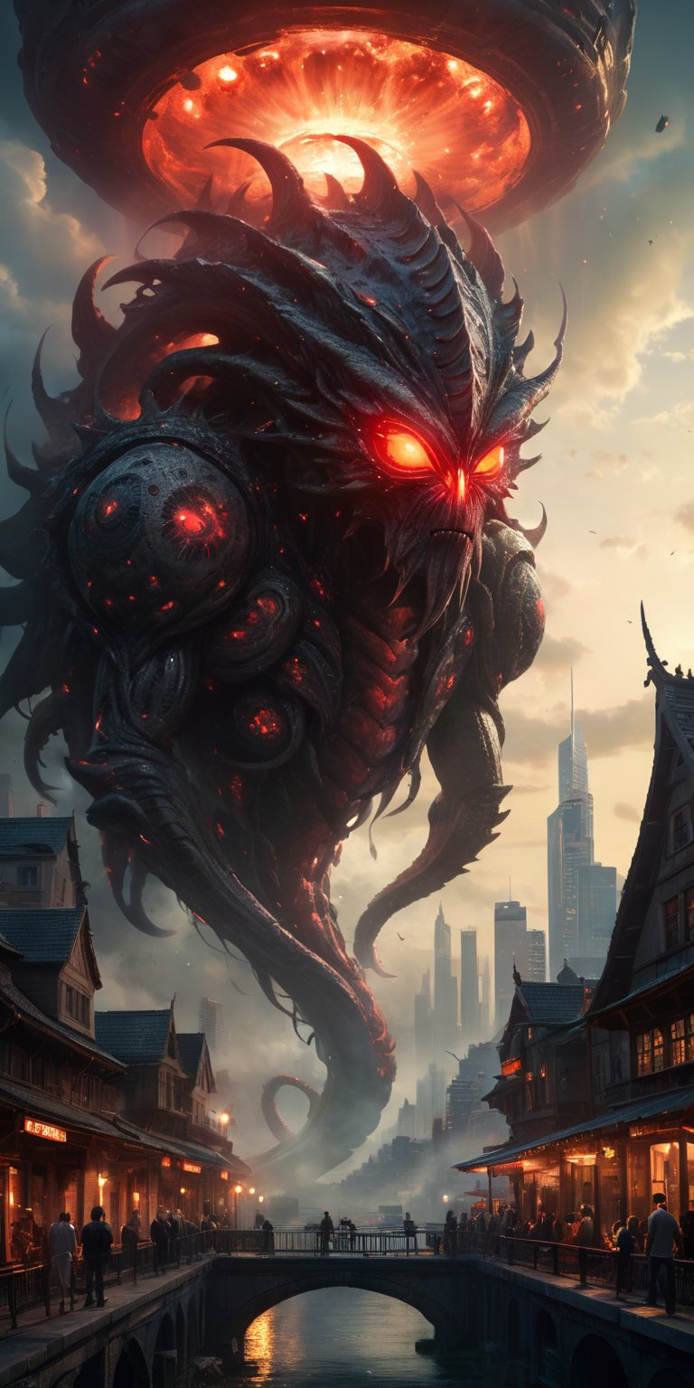 A colossal,  serpentine alien creature with glowing red eyes and a hide covered in barnacle-like growths emerges from a po...