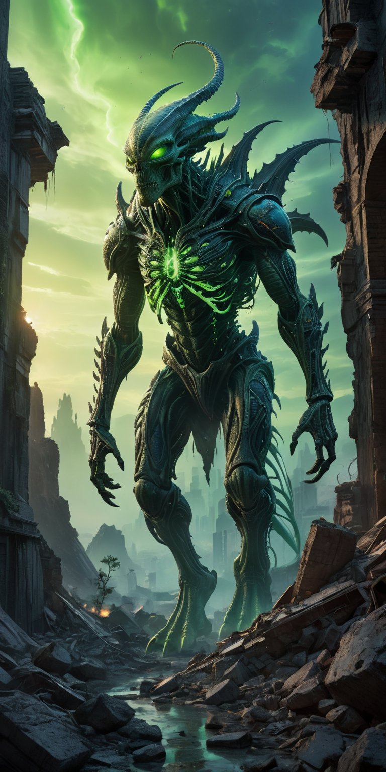 A towering alien with skeletal arms descends upon a ruined city,  its path illuminated by an unnatural green glow. A monst...