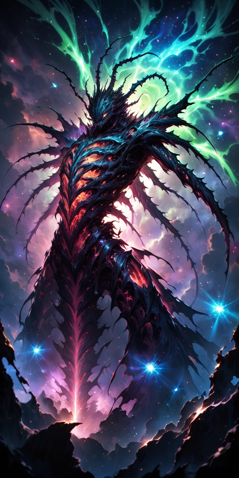 Cosmic Terror:A monstrous alien entity with an insect-like body and luminescent patterns across its exoskeleton. It's posi...