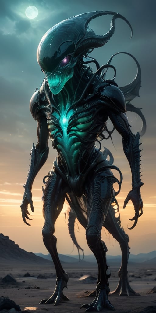Standing in a desolate,  windswept wasteland,  an alien-monster hybrid with a translucent by Caption Master on Tensor.Art