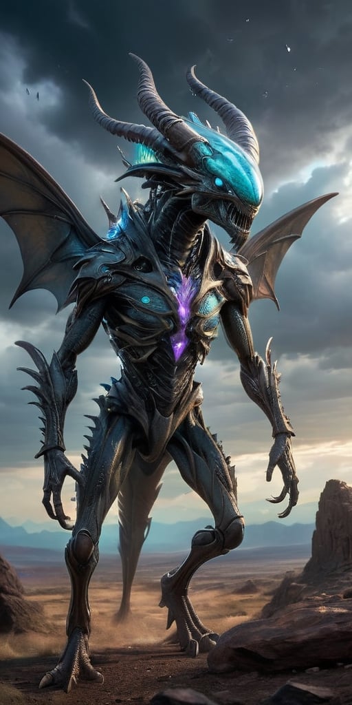 On a barren,  rocky alien planet,  a nightmarish hybrid creature prowls through a field of jagged by Caption Master on Ten...