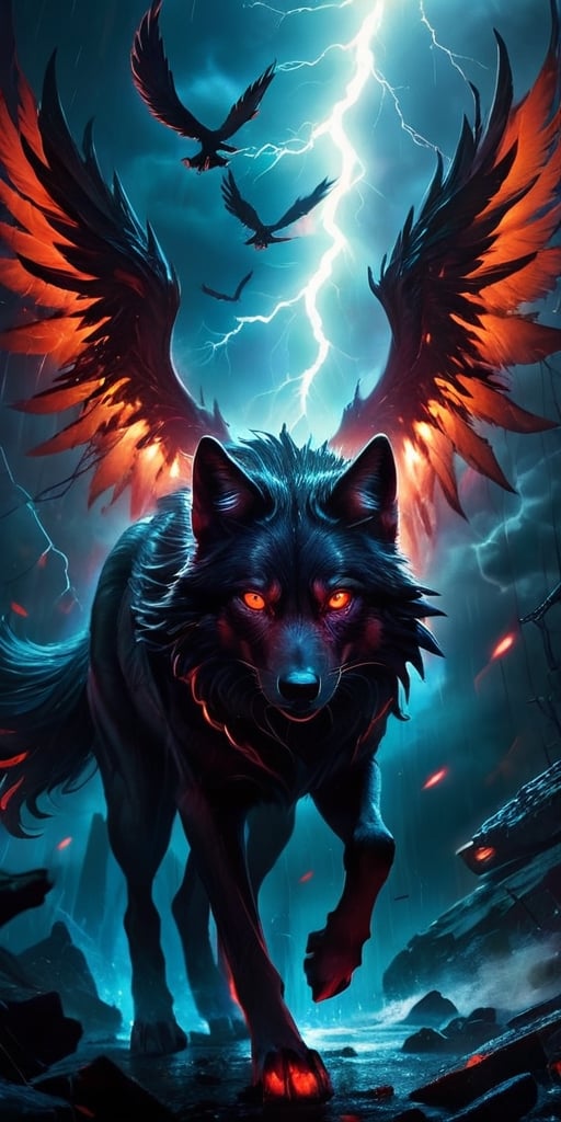 A pack of winged wolf-like creatures with glowing red eyes soar through a raging electrical storm. Their fur crackles with...