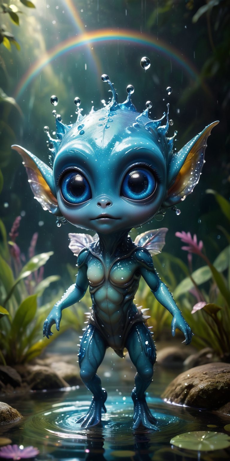 In the crystal-clear waters of an alien pond,  a baby alien with shimmering blue skin and big,  curious eyes splashes glee...