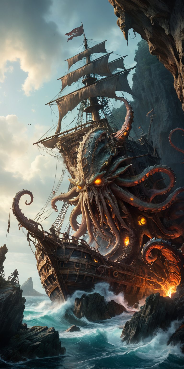 A decaying pirate ship,  perched precariously on a rocky cliff,  becomes a battleground. A barnacle-encrusted alien with g...