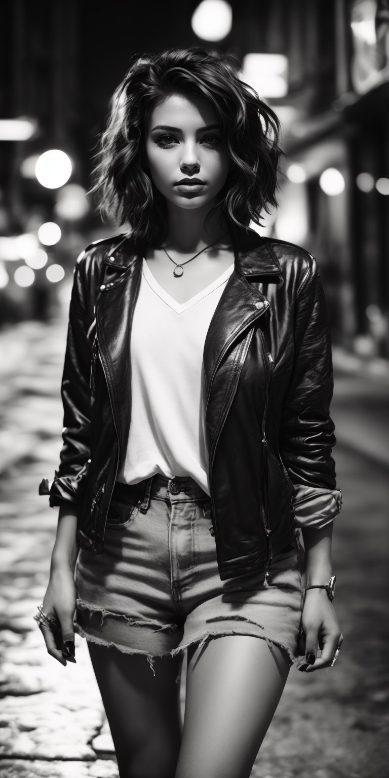 A black and white photo of a woman with short,  choppy hair and a nose ring,  bathed in the harsh light of a city street a...