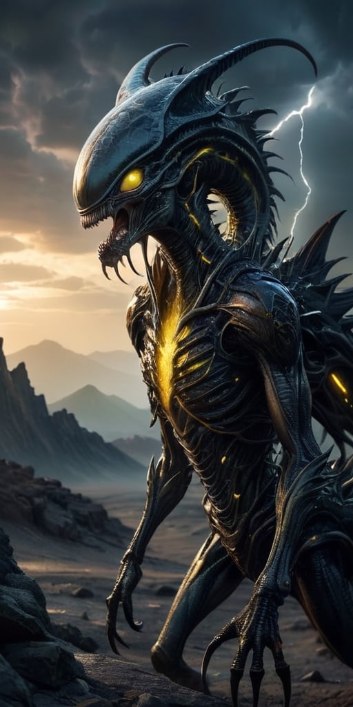 On a desolate,  windswept alien landscape,  a monstrous alien hybrid stalks its prey. Its body is covered in thick by Capt...