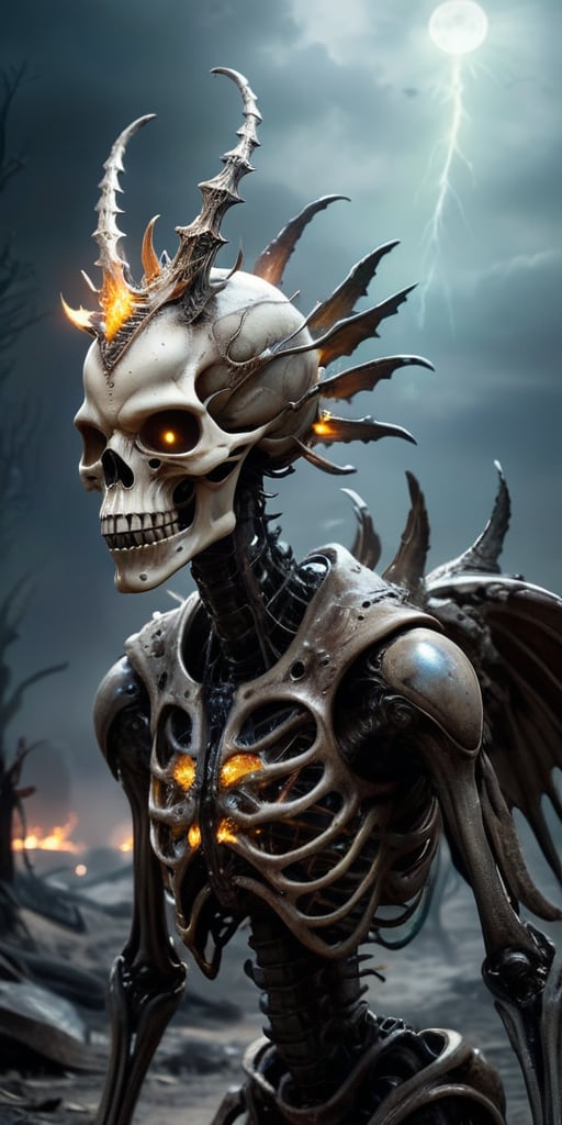 Roaming the barren,  ash-covered wasteland of a post-apocalyptic world,  a towering alien abomination with skeletal wings...
