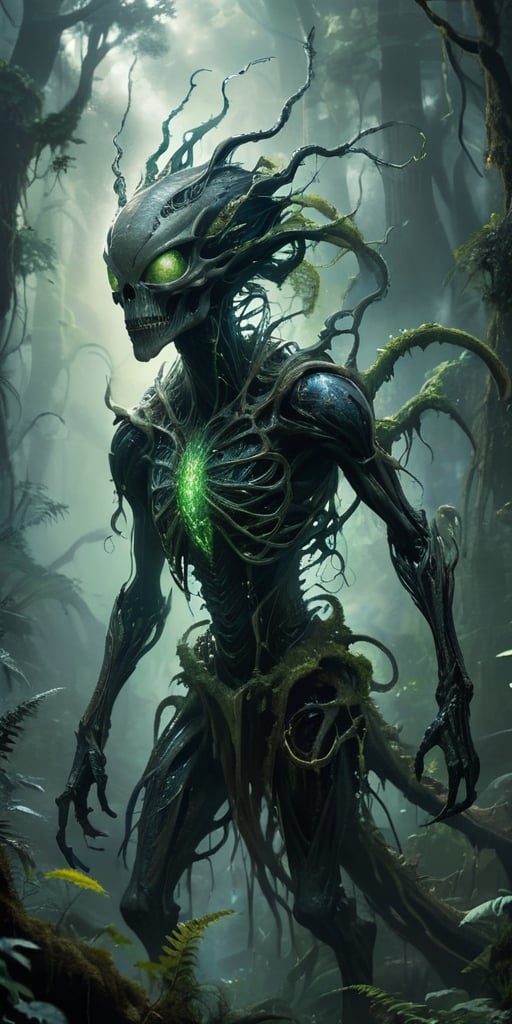 Emerging from a swirling,  ethereal mist,  a monstrous alien creature with a skeletal frame and bioluminescent by Caption...