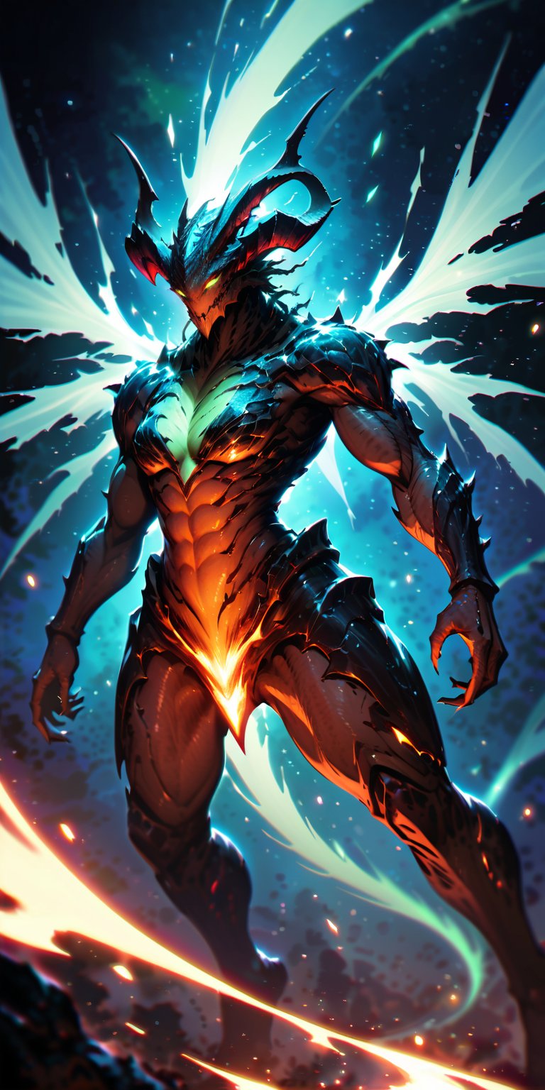 Stellar Menace A monstrous alien with a reptilian body, enormous wings, and a head adorned with sharp horns. Its skin shimmers with an otherworldly hue as it soars through space, leaving a trail of cosmic energy in its wake.
