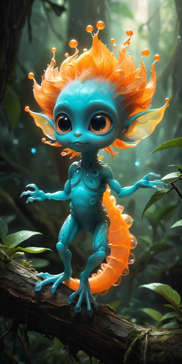 On the branch of a bioluminescent tree,  a baby alien with bright orange skin and a long,  prehensile tail balances effort...