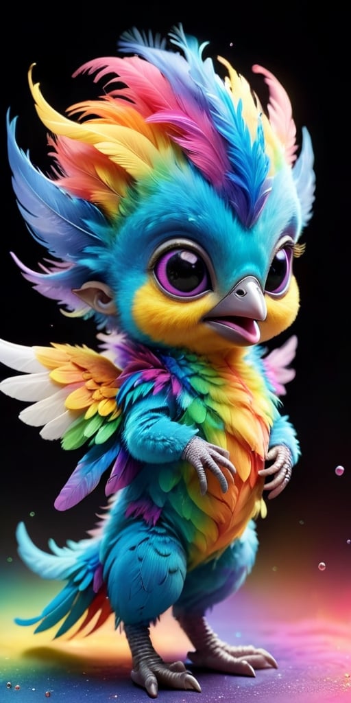 An alien infant with a body that is covered in soft,  downy feathers that shimmer with a rainbow of colors. It has a small...