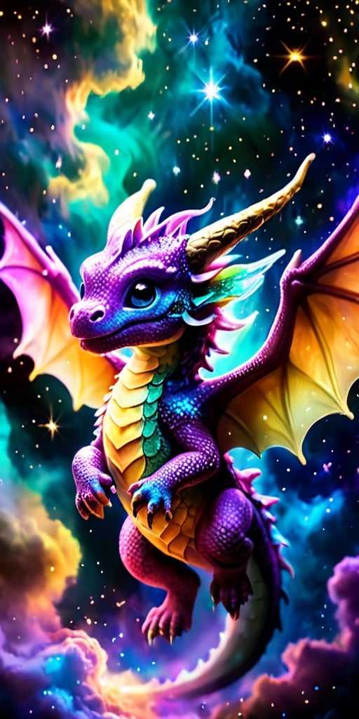 Playful Dragon in a Nebula A playful baby dragon with wings like butterfly wings made of stardust flies through a vibrant nebula. Its body glows with an ethereal light as it weaves through the colorful gas clouds and twinkling stars.