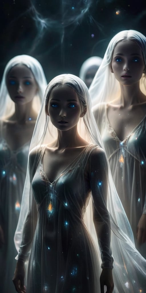 A group of ethereal,  ghost-like entities,  drifting aimlessly through space by Caption Master on Tensor.Art