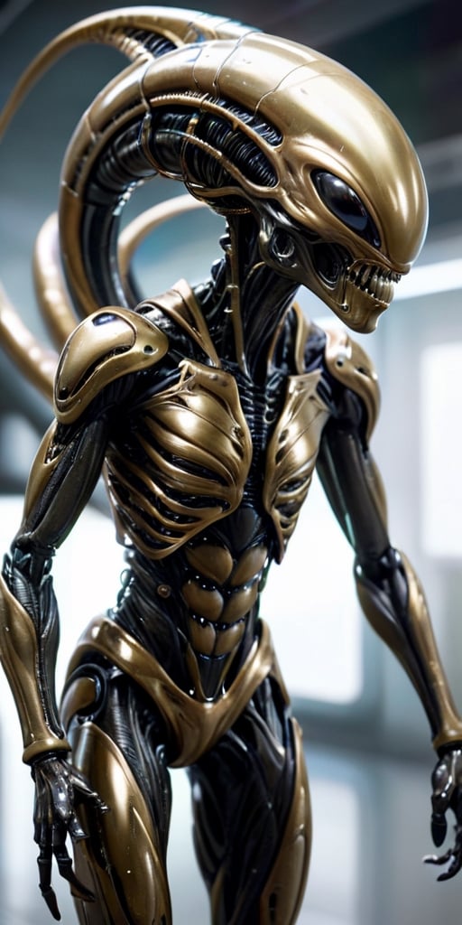 A humanoid alien with metallic skin that constantly shifts and changes colors,  camouflaging it in its surroundings. Its l...