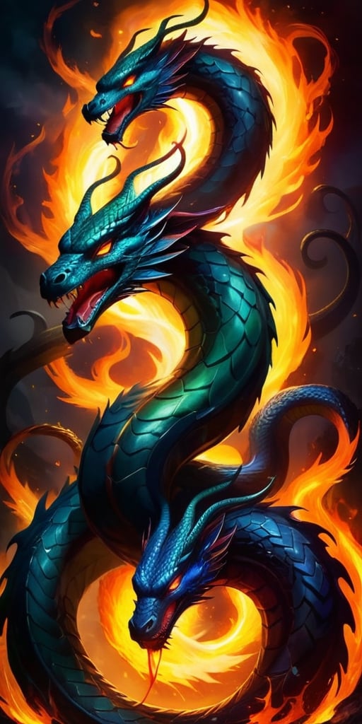 The Shadowflame Hydra A multi-headed serpent,  each head wreathed in shadowy flames,  its eyes glowing with an eerie light...