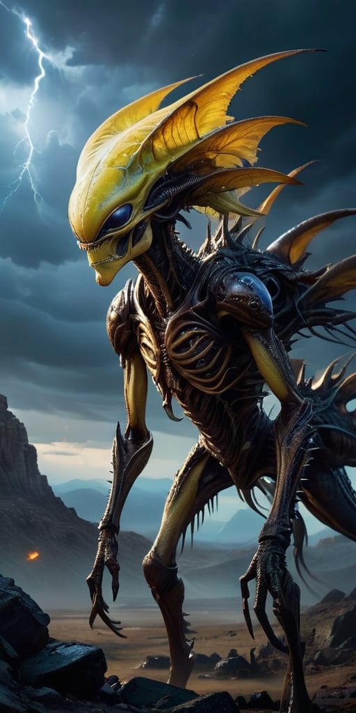 On a desolate,  windswept alien landscape,  a monstrous alien hybrid stalks its prey. Its body is covered in thick by Capt...
