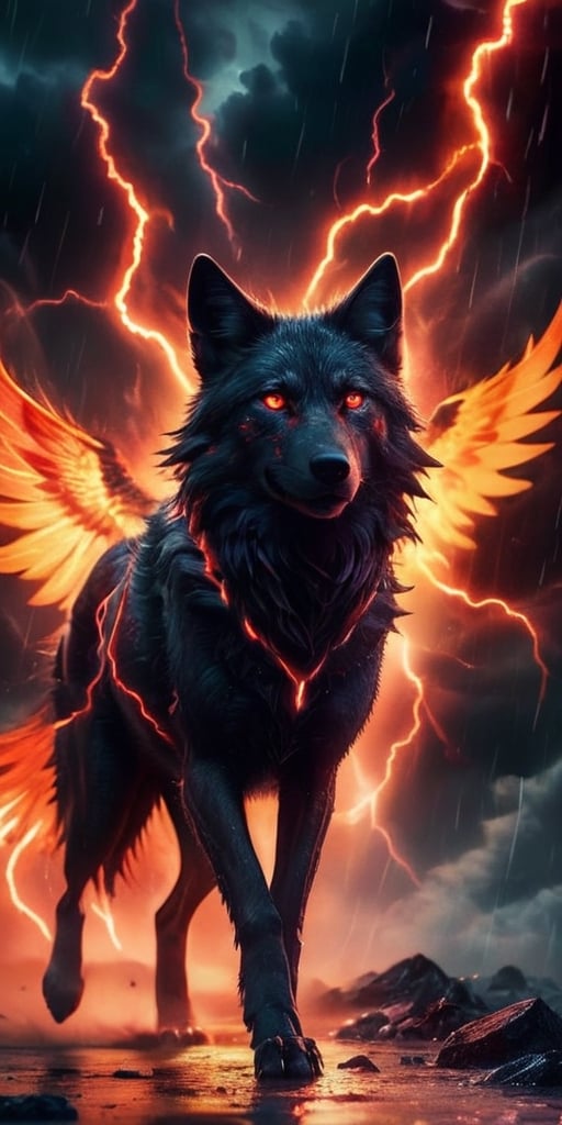 A pack of winged wolf-like creatures with glowing red eyes soar through a raging electrical storm. Their fur crackles with...