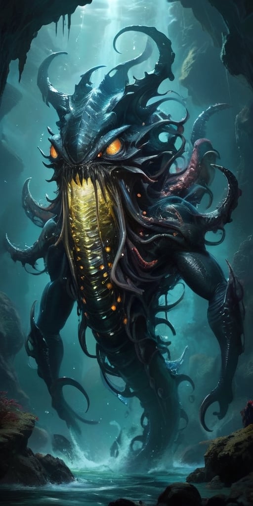 The Abyssal Leviathan Deep beneath the waves of a blackened sea,  where the waters teem with alien life forms,  swims a co...