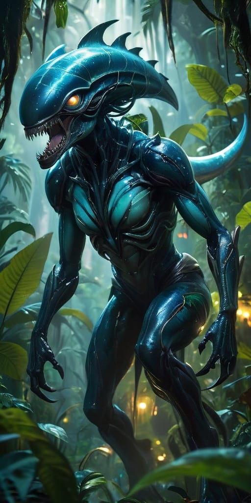 A colossal,  eyeless monstrosity with razor-sharp claws and bioluminescent scales hunts through the dense foliage of a bio...