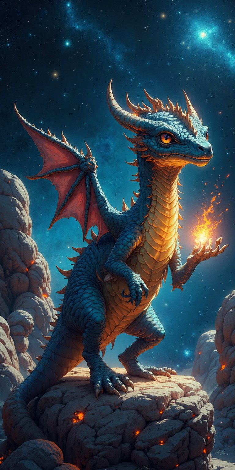 Galactic Guardian A baby dragon stands vigilant on a small planetoid,  guarding an ancient,  alien artifact that pulses wi...