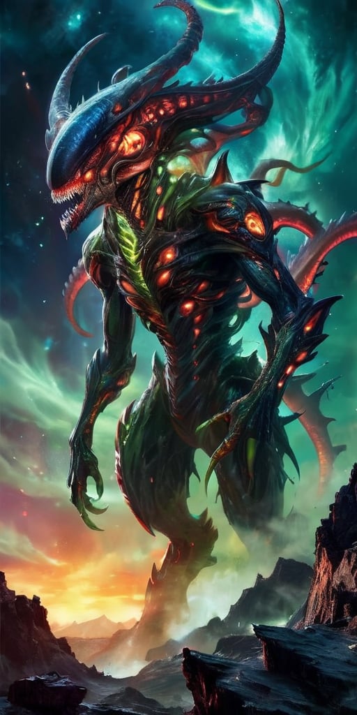 Create an image of a dangerous alien monster in space,  towering over a desolate alien landscape with dark,  armored scale...