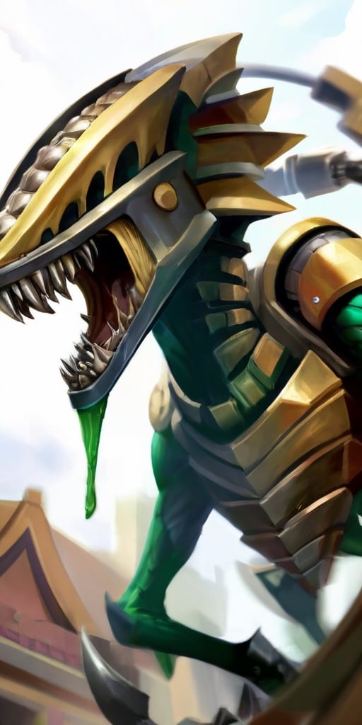 A creature with a body covered in sharp,  metallic plates that clank and clang as it moves. It has a large,  gaping maw fi...
