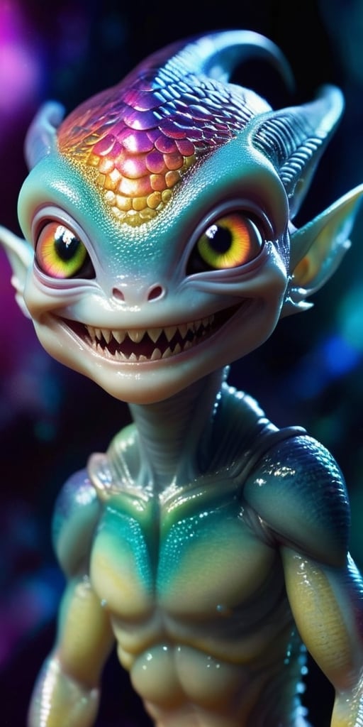 An alien infant with skin that is covered in tiny,  iridescent scales that shimmer in the light. It has a mouth that stret...