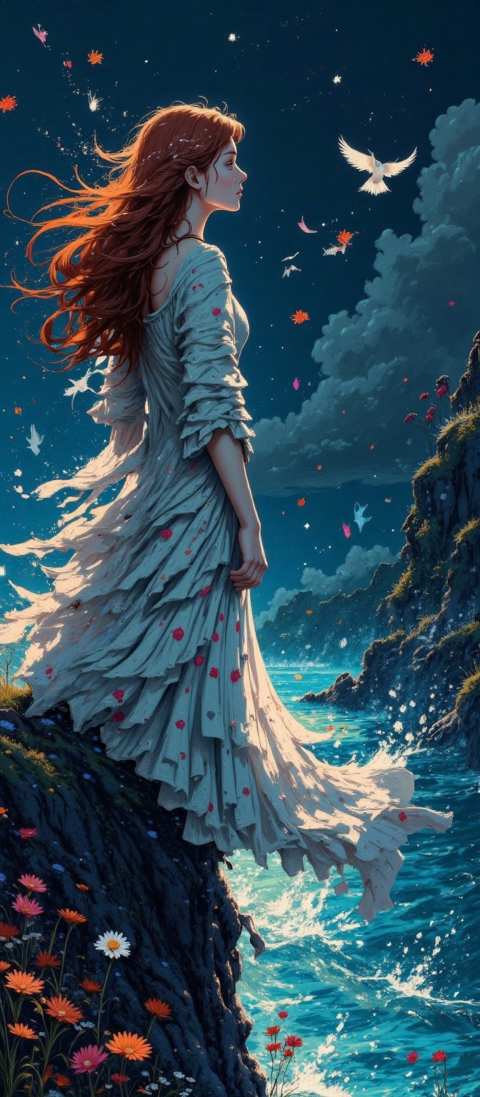 A young woman with flowing auburn hair stands on a cliff overlooking a shimmering,  enchanted sea. She wears a simple,  fl...