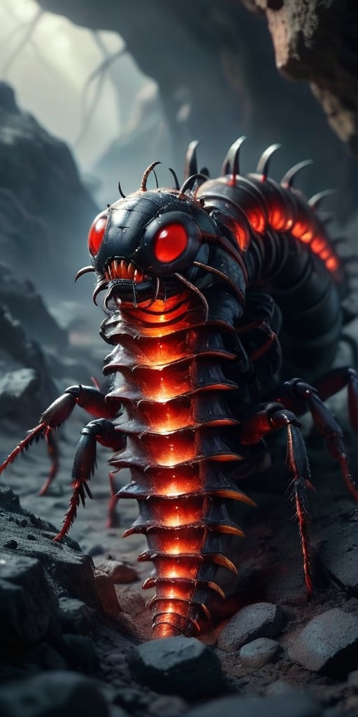 A colossal,  metallic centipede with glowing red eyes burrows through the ash of a desolate alien wasteland. Its segmented...