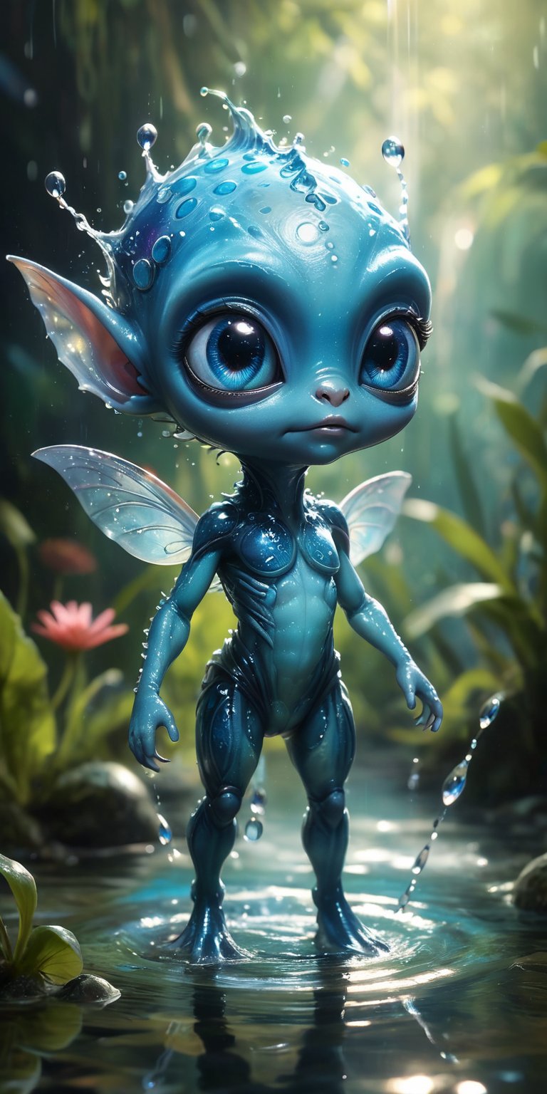 In the crystal-clear waters of an alien pond,  a baby alien with shimmering blue skin and big,  curious eyes splashes glee...