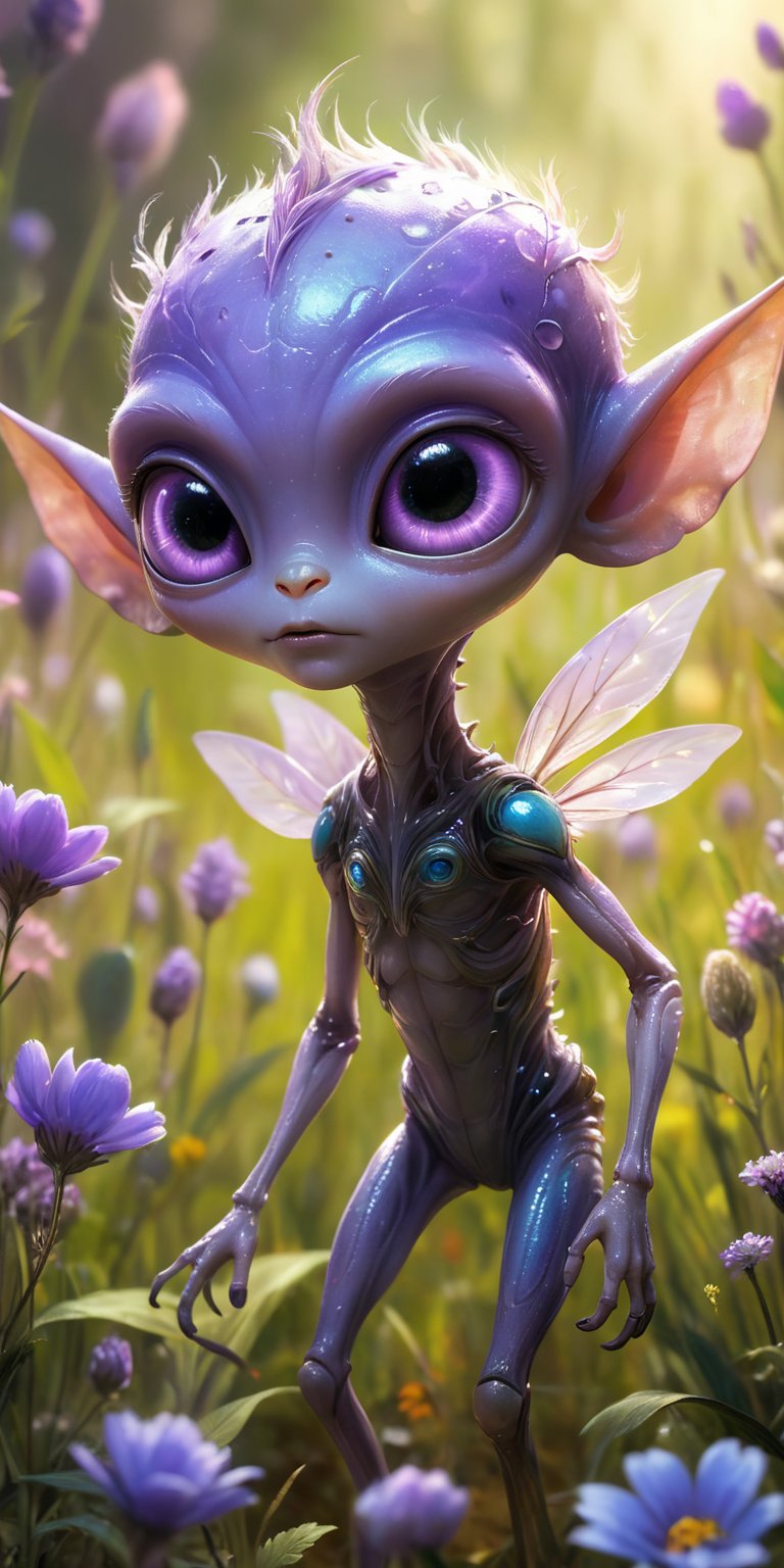 In a vibrant meadow filled with flowers that seem to hum with life,  a baby alien with smooth,  lavender skin and oversize...