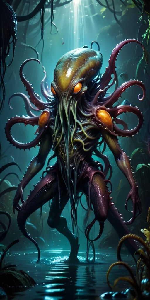 8. Rising from the dark waters of an alien marsh,  a nightmarish alien creature with a cephalopod-like body and reptilian...