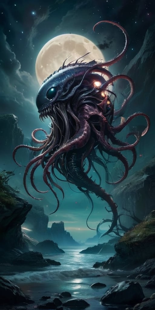 In the silent void of space,  a creature born of nightmares floats menacingly. Its form is a horrifying combination of ali...