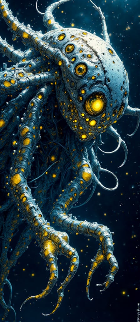 A horrific fusion of alien biology and eldritch energy,  this creature drifts through the void,  trailing a mist of glowin...