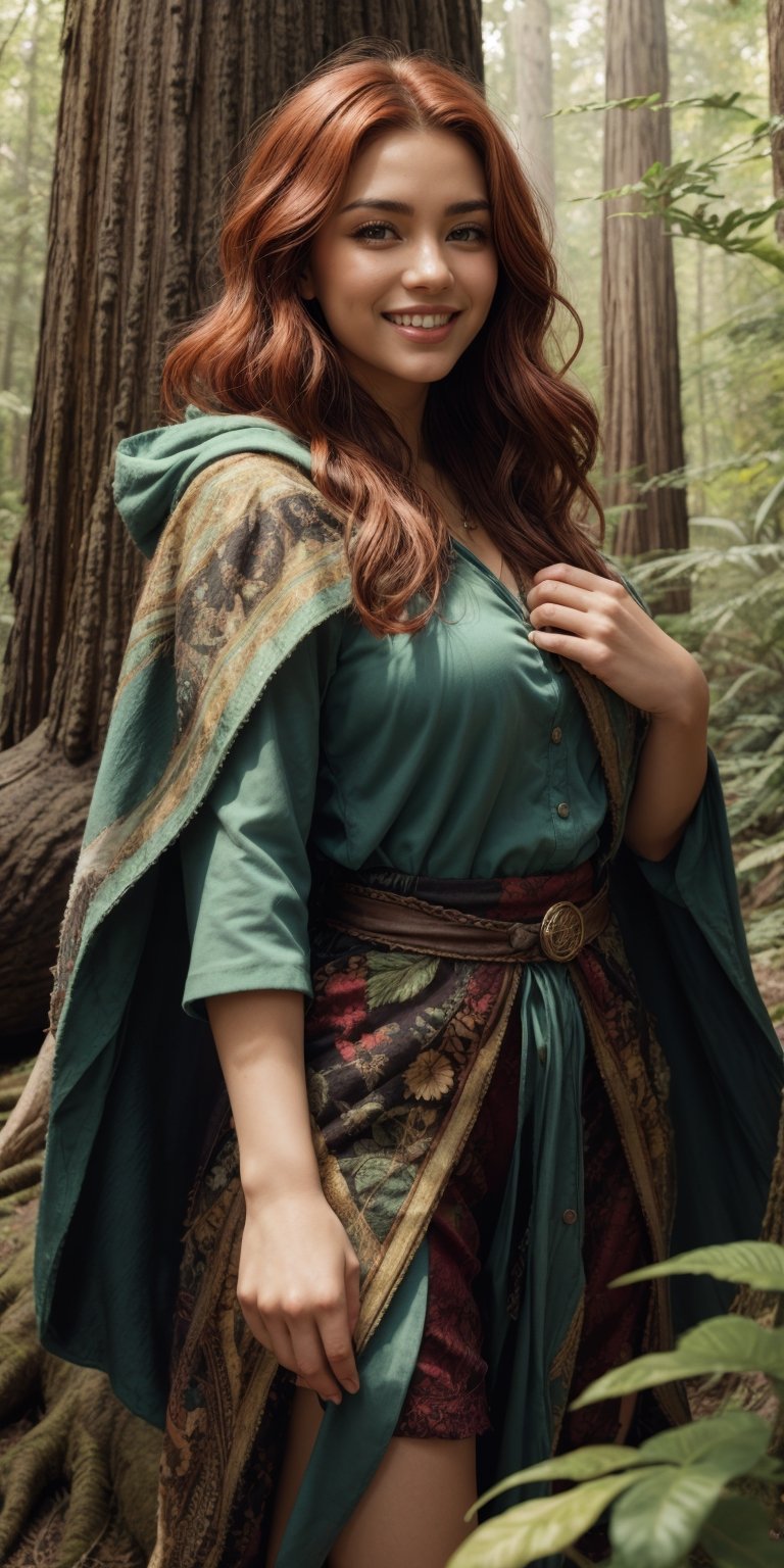 A Latina woman with fiery red hair cascading down her back and bright green eyes sparkling with mischief, leans against the trunk of a giant, ancient redwood tree in a sun-dappled forest. She wears a cloak woven from emerald leaves and carries a mischievous grin.
