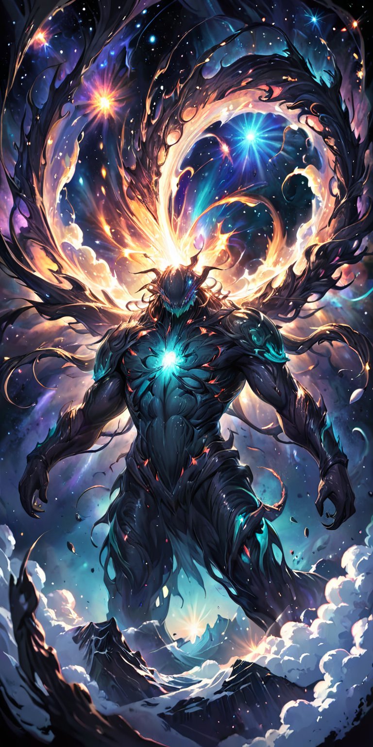 Cosmic Abomination:A nightmarish alien abomination with multiple heads and writhing tendrils,  floating in the depths of s...