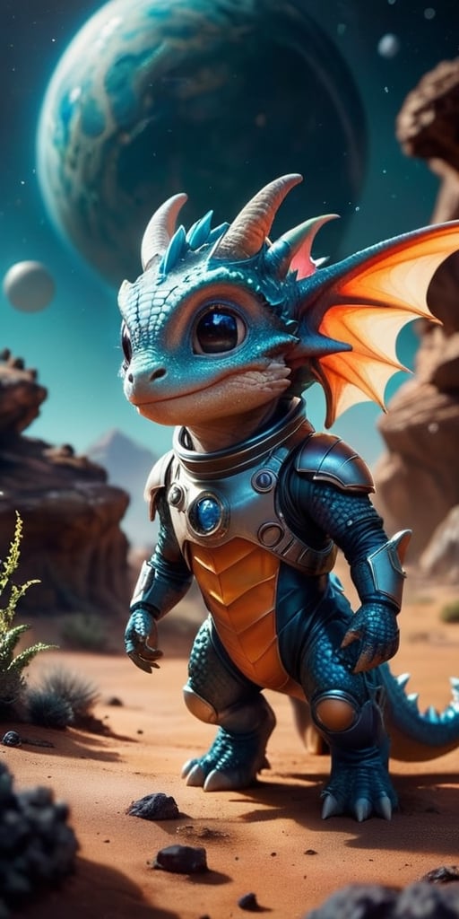 Space Adventure A baby dragon wearing a tiny spacesuit explores the surface of a mysterious planet. Behind it, a spaceship hovers, ready to take off. The dragon's curiosity is evident as it examines strange, glowing rocks and alien plants.