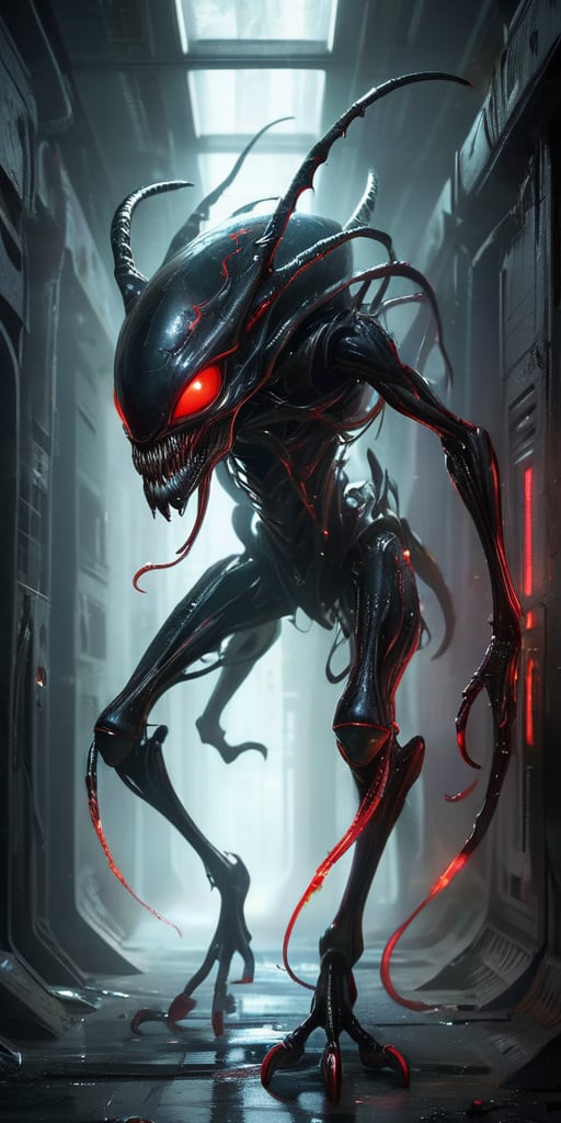 Lurking in the dark,  twisted corridors of an abandoned alien spaceship,  a terrifying creature with a sleek by Caption Ma...