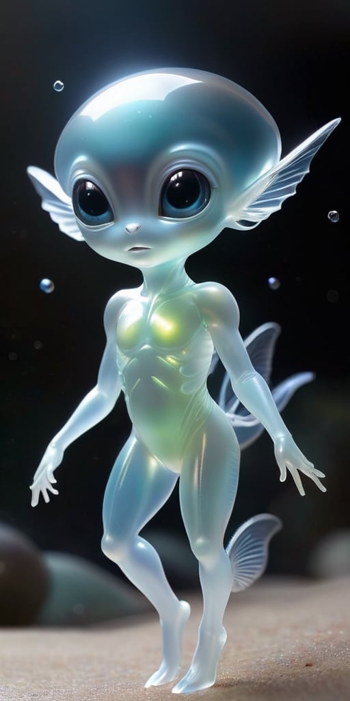 A baby alien with a transparent,  jelly-like body that pulses with a soft,  inner light. It has tiny by Caption Master on...