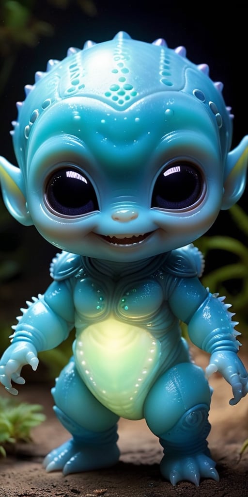An alien infant with skin that is covered in tiny,  bioluminescent spots that glow softly in the dark. It has a round,  ch...