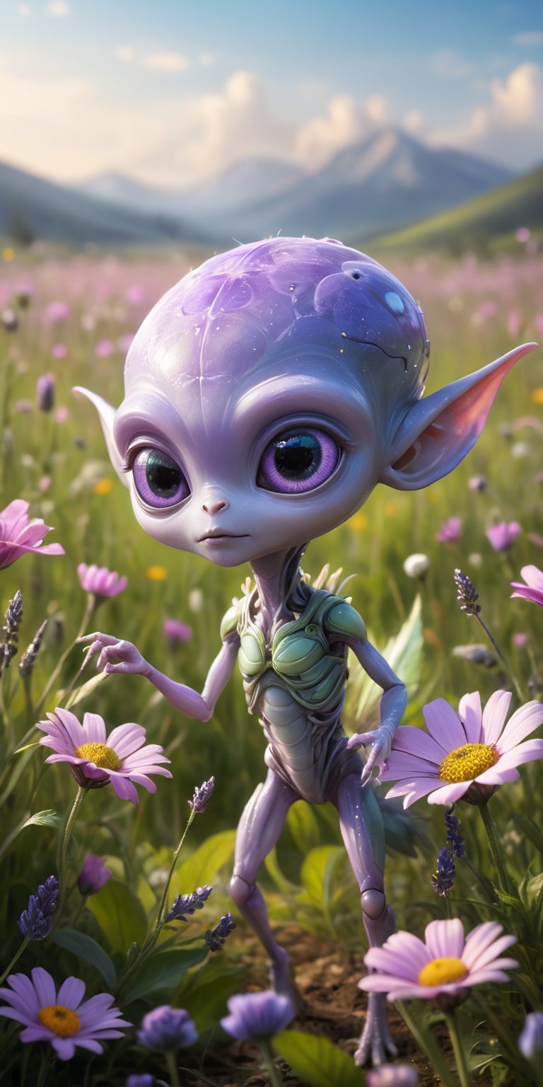 In a vibrant meadow filled with flowers that seem to hum with life,  a baby alien with smooth,  lavender skin and oversize...