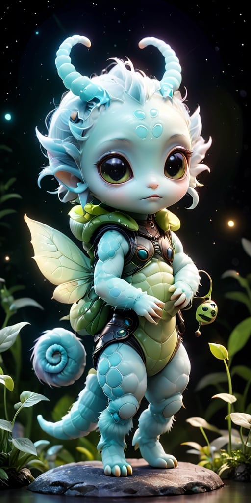 A baby alien with a furry,  caterpillar-like body and large,  soulful eyes that blink slowly. It has tiny by Caption Maste...