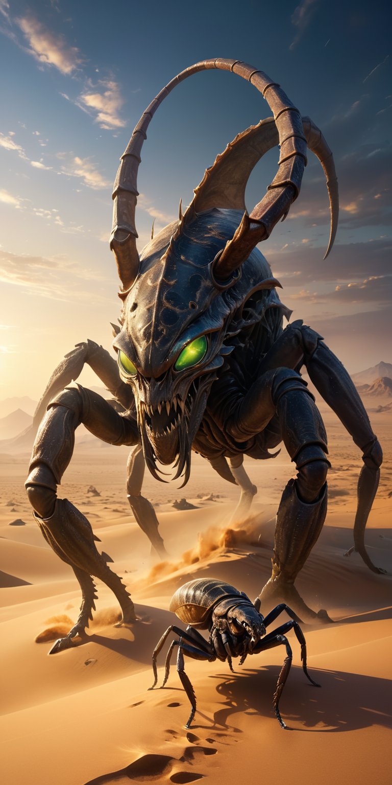 A desolate,  windswept desert stretches as far as the eye can see. A towering alien with sand-blasted carapace faces a mon...