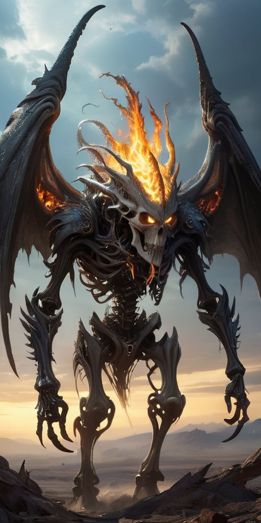 Roaming the barren,  ash-covered wasteland of a post-apocalyptic world,  a towering alien abomination with skeletal wings...