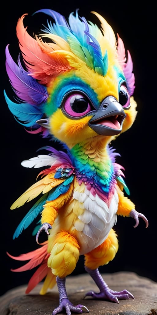 An alien infant with a body that is covered in soft,  downy feathers that shimmer with a rainbow of colors. It has a small...