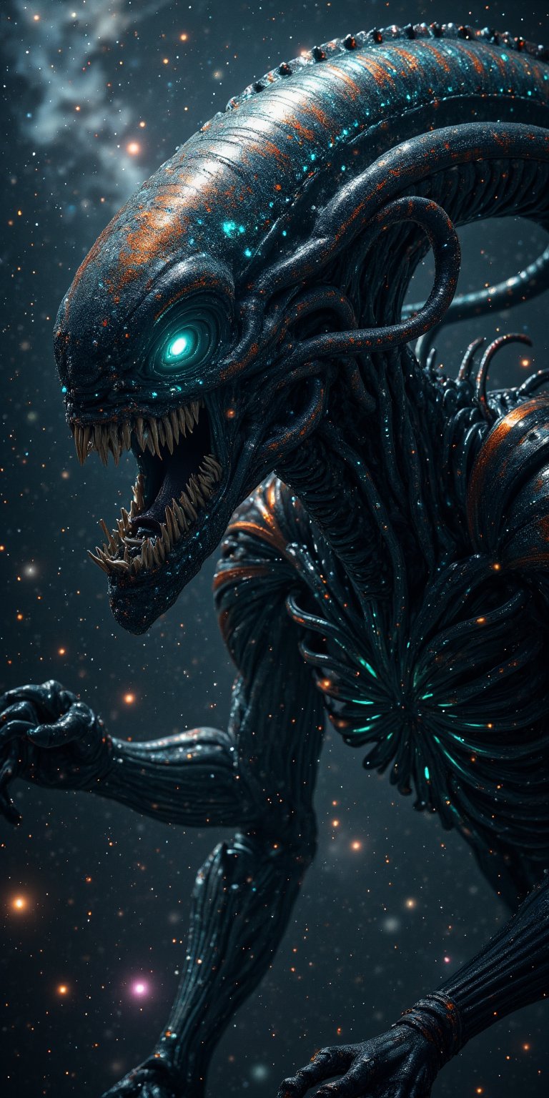 A massive alien devourer with rows of sharp teeth and a body covered in glowing,  alien runes,  hovering in the depths of...