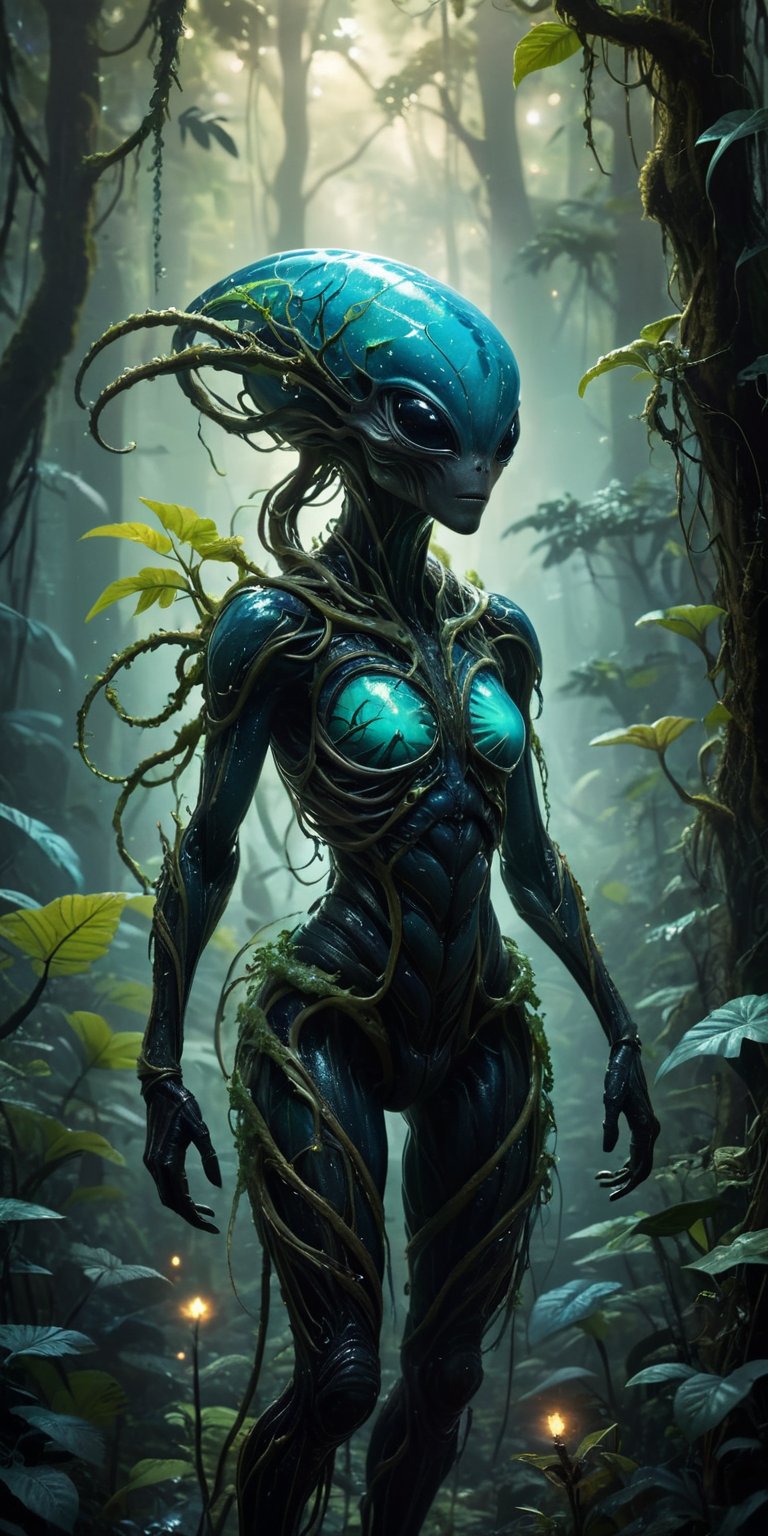 A lush,  bioluminescent forest teems with hidden dangers. A spindly alien with glowing spores stalks a monstrous,  plant-l...