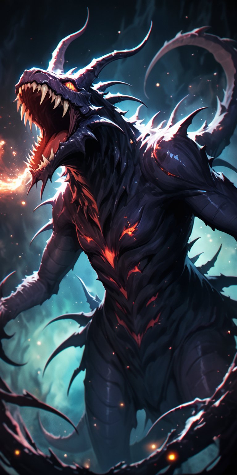 Venomous Alien Beast:An alien beast with venomous fangs and a scaly,  dark blue skin texture. Its multiple limbs reach out...